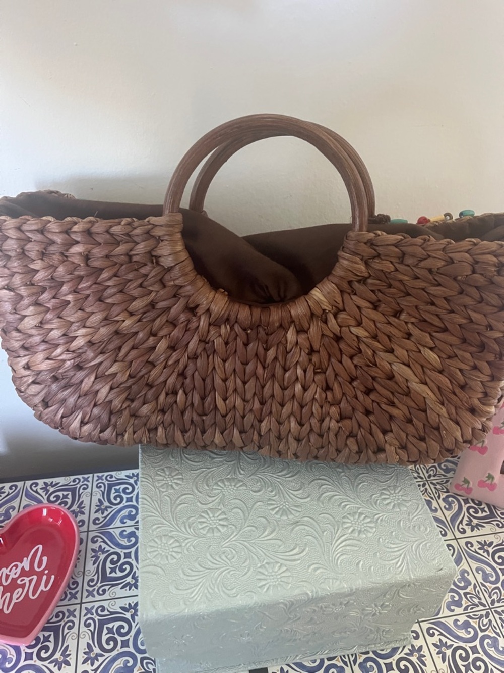Woven Straw Tote with Turquoise & Red Bead Accents - Picture 3 of 3